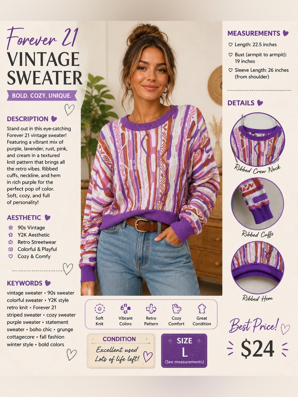 Forever 21 Purple Patterned Crewneck Sweater with Pink & Cream Accents